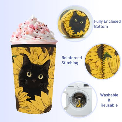 Iced Coffee Sleeve Reusable Neoprene Cup Sleeves, Sunflower Cat - color: Sunflower Cat