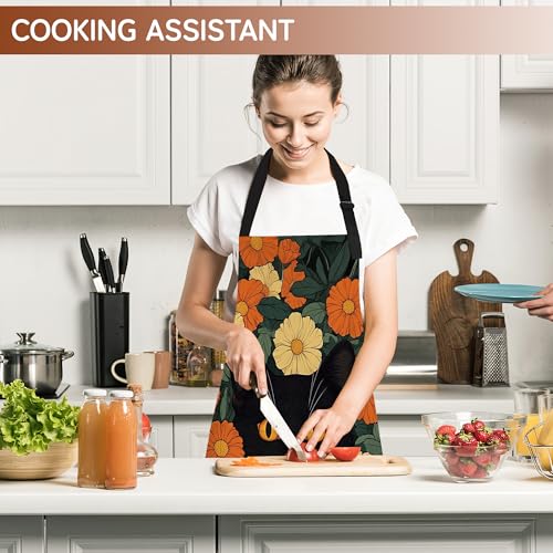 Cooking Aprons for Men and Women,Adjustable Bib Chef Apron with 2 Pockets, Soft and Durability Kitchen Apron - color: Black Cat Flowers