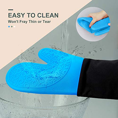 Silicone Oven Mitts - 14.6" Heat Resistant Oven Gloves for Baking, Cooking - color: Blue & Black, size: 14.6in Oven Mitts