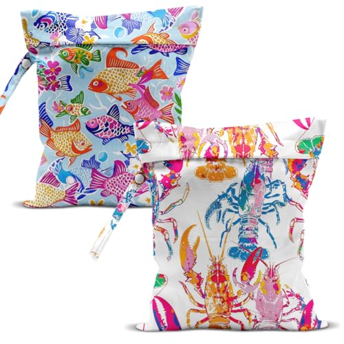 Swimsuit Bag Wet Bags for Travel Reusable Waterproof Dry Bags Diaper Bag Fish Lobster Wet Bag for Swimsuit Towels Beach Gym 10.2×12.6 Inches - color: Fish Lobster