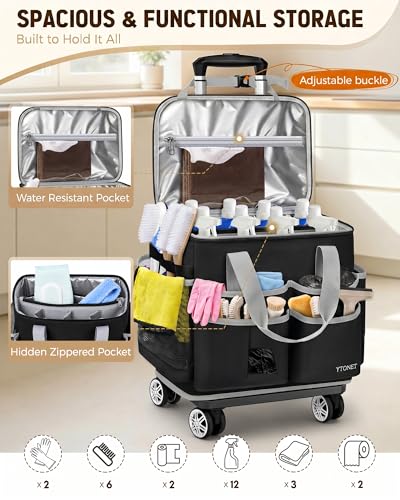 Ytonet Rolling Cleaning Caddy Bag with Apron, Cleaning Caddy with 4 Wheels - color: Black