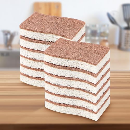 12 Pack Non-Scratch Scrub Sponges, Cellulose Cleaning Pads for Dishes, Non-Stick Pans, Kitchen & Bathroom - color: Brown
