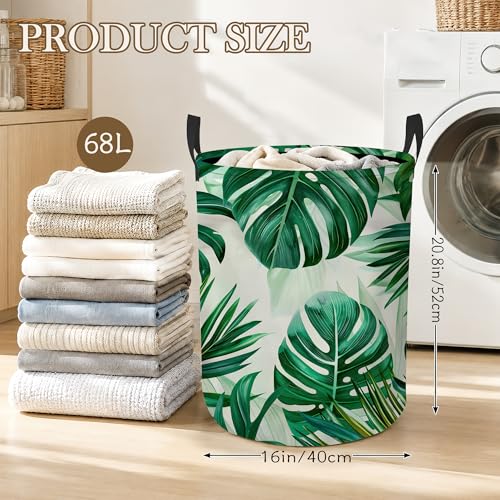 Tropical Leaves Laundry Basket, Green Foliage Collapsible Laundry Hamper Waterproof Oxford Cloth With Handles, Clothes Storage Bucket For Bathroom/Bedroom 16" x 20.8" - color: Tropical Leaves