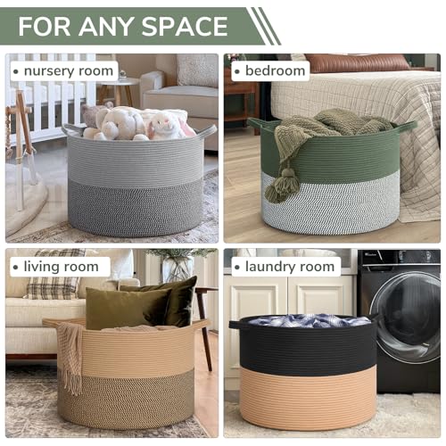 INDRESSME 115L Extra Large Woven Rope Blanket Basket Living Room Green - color: Green & White, size: 23.6"D x 15.7"H