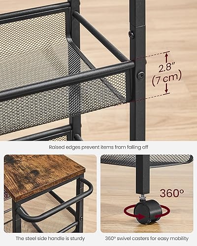 VASAGLE 5-Tier Slim Rolling Storage cart with Wheels, 8.7 Inches, Metal - color: Rustic Brown + Classic Black, size: 5 Tiers (8.7"D x 39.2"H)