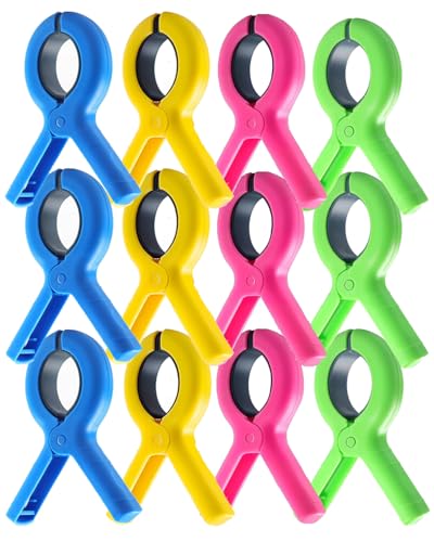 12 Pcs Beach Towel Clips for Beach Chairs, 3.7 Inch Clothes Pins for Cruise & Pool, Windproof Chair Clips for Towel Holder, 4 Colors
