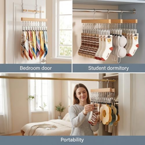 Pure Wood Rotating Closet Organizer with 12 Clips, Legging Hangers for Closet Organizer- 360 Rotating Metal Clips with Silicone Lining, Space Saving Hanging for Jeans Skirts Socks (1)