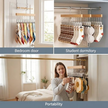 Pure Wood Rotating Closet Organizer with 12 Clips, Legging Hangers for Closet Organizer- 360 Rotating Metal Clips with Silicone Lining, Space Saving Hanging for Jeans Skirts Socks (1)