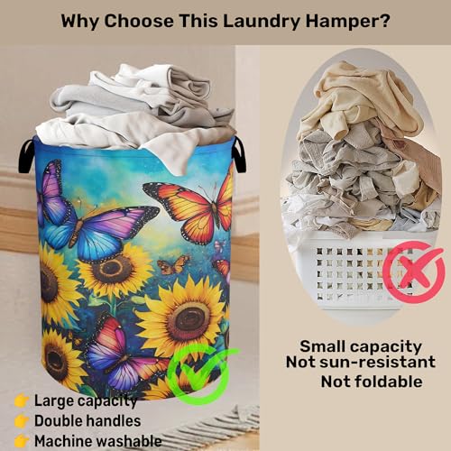 Butterfly Sunflower Laundry Basket, Heavy Duty 60L Dirty Clothes Hamper, Water Resistant Foldable Hamper for Girls Women - color: Butterfly Sunflower