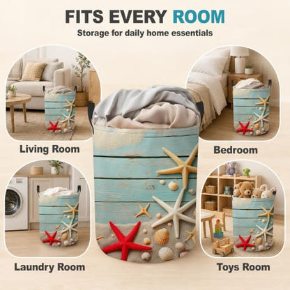 Starfish Seashell Collapsible Laundry Hamper,Blue Coastal Beach Waterproof Oxford Cloth Clothes Basket with Handles for Bathroom Bedroom Nursery Dorm Room,16" x 20" - color: Starfish Seashell,Blue Coastal Beach