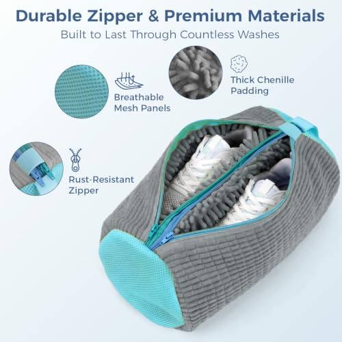Shoe Washing Machine Bag for Sneakers, Double Compartment Shoes Laundry Bag with Chenille Microfiber, Durable Mesh Shoe Wash Bag for Washer & Dryer, Sneaker Cleaner for Running, Tennis & Kids Shoes - color: Grey