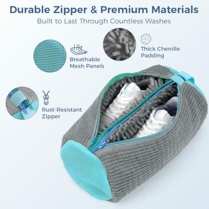 Shoe Washing Machine Bag for Sneakers, Double Compartment Shoes Laundry Bag with Chenille Microfiber, Durable Mesh Shoe Wash Bag for Washer & Dryer, Sneaker Cleaner for Running, Tennis & Kids Shoes - color: Grey