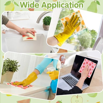 10 Pack Swedish Dishcloths for Kitchen- Reusable Paper Towels Washable Swedish Cloths Fruit Prints Dish Wipes with Adhesive Clips- Super Absorbent Fast Drying Kitchen Sponge for Cleaning Dishes - color: 10 Pack-fruits Prints+ Clips