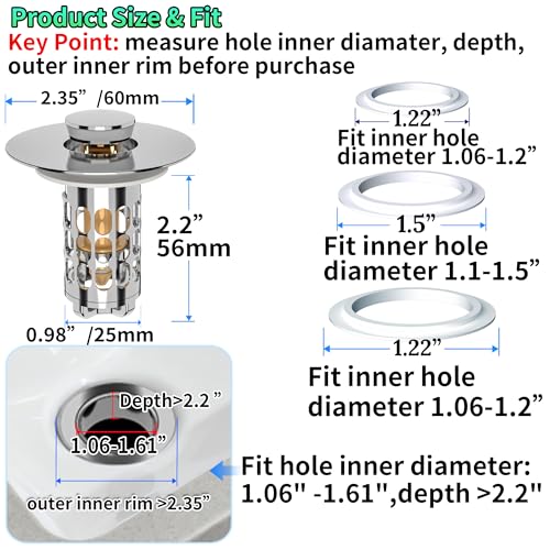 Sink Stopper Drain Hair Catcher,Bathroom Sink Drain Strainer with Removable Anti-Clogging Basket,Easy to Install Bathroom Sink Stopper Drain Catcher for 1.06-1.61in Basin Washstand Hole - color: Silver