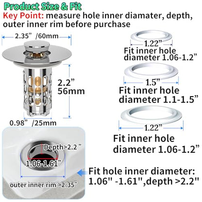 Sink Stopper Drain Hair Catcher,Bathroom Sink Drain Strainer with Removable Anti-Clogging Basket,Easy to Install Bathroom Sink Stopper Drain Catcher for 1.06-1.61in Basin Washstand Hole - color: Silver