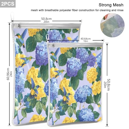 Mesh Laundry Bags Lingerie Bags for Washing Delicates 2 PCS Durable Wash Bag with Zipper Small and Medium Washable Blue Hydrangeas Hummingbirds - color: Blue Hydrangeas Hummingbirds
