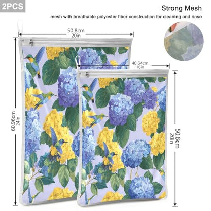 Mesh Laundry Bags Lingerie Bags for Washing Delicates 2 PCS Durable Wash Bag with Zipper Small and Medium Washable Blue Hydrangeas Hummingbirds - color: Blue Hydrangeas Hummingbirds
