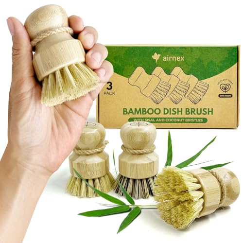 AIRNEX Bamboo Dish Brush Set of 3 - Natural Wooden Dish Scrubber w/Medium Stiff Sisal & Coconut Bristles - Kitchen Scrub Brush for Dishes, Pots & Pans - Plastic Free, Non Scratch Bristles
