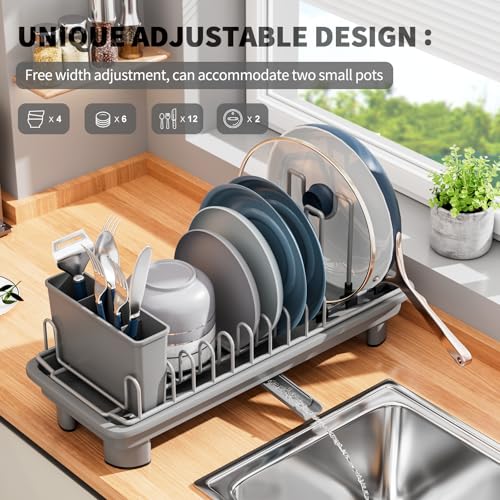 Small Dish Drying Rack, Stainless Steel with Drain Board & Utensil Holder - color: Gray
