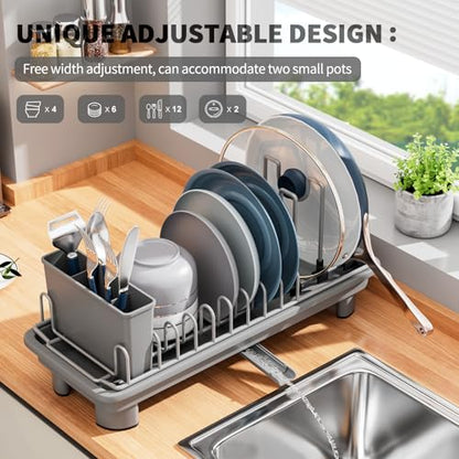 Small Dish Drying Rack, Stainless Steel with Drain Board & Utensil Holder - color: Gray
