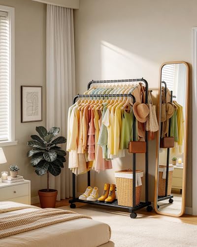 Sakugi Double Rod Clothes Rack Mesh Shelf & Hooks, 28.7x16.5x59.1, Black - color: Black, size: Large 28.7"W x 16.5"D x 59.1"H