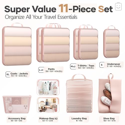 Veken 11-Pack Compression Seting Cubes for Travel Essentials,Compressible Expandable Luggage Organizer Bags for Clothing,Space Saver Bags with Over 1000 pcs of Mesh Holes(Beige) - color: Beige, size: 11 set