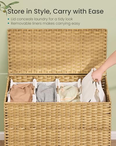 SONGMICS 4-SectionLaundry Hamper With Lid, PE Rattan, 55.5 Gallons (210 L) - color: Goose Yellow, size: 210 L (4 Basket)