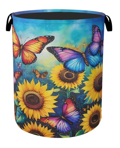 Butterfly Sunflower Laundry Basket, Heavy Duty 60L Dirty Clothes Hamper, Water Resistant Foldable Hamper for Girls Women - color: Butterfly Sunflower