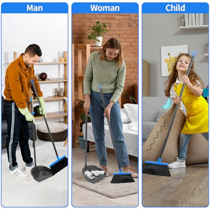 REEWII 2Pcs Broom and Dustpan Set ，Long Handle Broom with Upright Standing Dust pan for Indoor Outdoor Home Kitchen Office Floor Cleaning