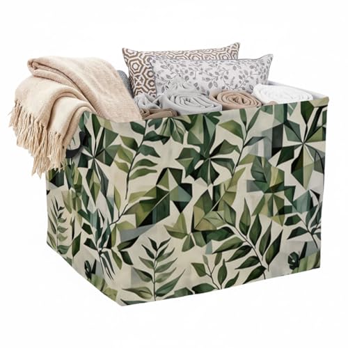 Plant Leaves Laundry Hamper with Handles,Large 56L Foldable Square Clothes Basket Multi‑Use Blanket Storage Bins for Organizing Books,Toys,Gifts,Room Decoration,Laundry Room,Dorm Nursery - color: Plant Leaves