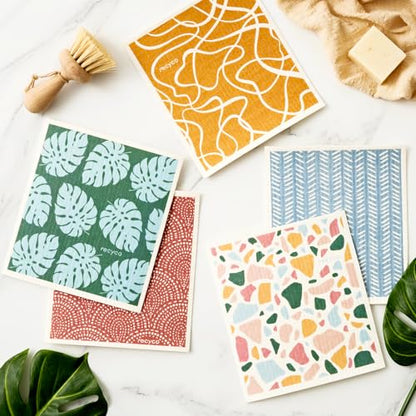 RECYCO Swedish Dishcloths for Kitchen | 5 Pack Urban Boho Terrazzo Washable Dish Rags | Cellulose Reusable Cleaning Paper Towels | Absorbent Counter Dish Cloth Sponge Kitchen Wipes, 8" L x 7" W - color: Urban Boho Terrazzo-5 Pack