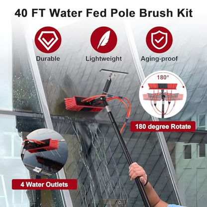 40ft Water Fed Pole Kit, Rotatable Solar Panel Cleaning Brush & Squeegee, 2 Dusting Brushes, Extendable Black Lightweight Pole for Roof Window - color: 40ft, size: Small