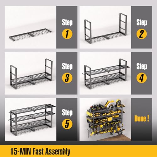 Spampur 420LB Capacity Power Tool Organizer with Charging Station & 6 Outlets | Quick Assembly 4-Layer Heavy Duty Rack for Drills & Batteries | Ultimate Garage Storage & Christmas Gift for Men - size: 4 shelves 8 slots (single) with power strip