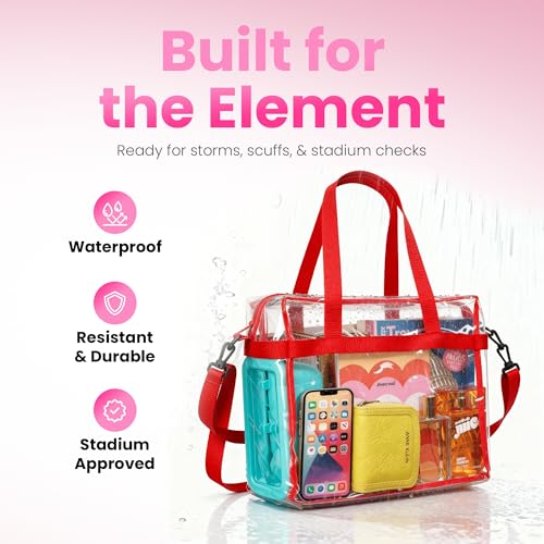 Handy Laundry Clear Bag 12x6x12 Stadium Approved Tote, Zipper Strap - color: Red