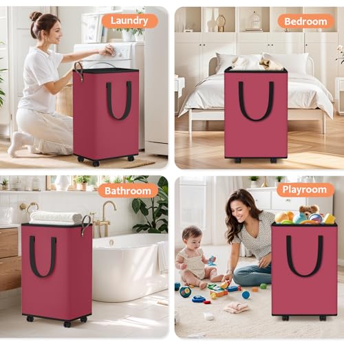 SpaceTrove Rolling Laundry Basket with Wheels, Laundry Hamper, 80L, Red - color: Red, size: 80L