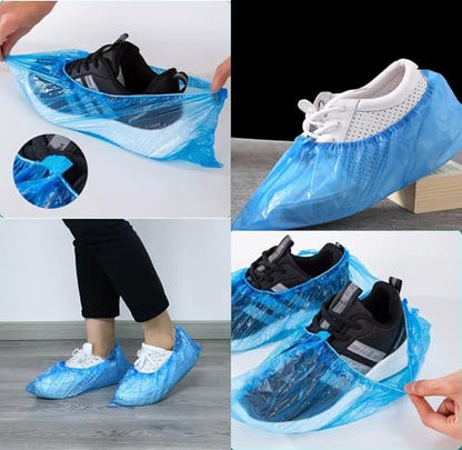 100 Pack Shoe Covers Disposable Non Slip, Premium Waterproof and Recyclable Shoe Booties Covers for Indoors, Fits Up To 9 US Men and 11 US Women Size, 50 Pairs Elastic Caps Plastic Shoe Covers