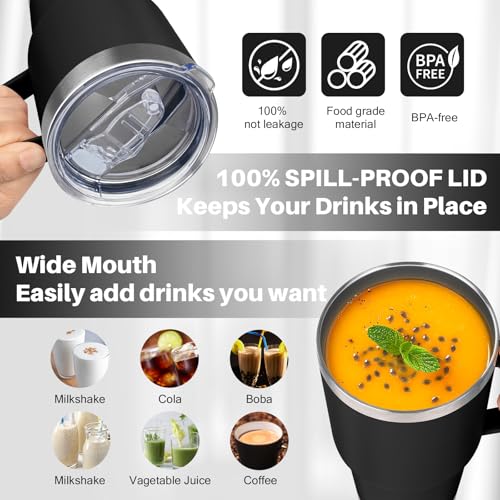 30 oz Stainless Steel Insulated Tumbler with Handle, Lid and Straw, Double Wall Vacuum Insulated Coffee Mug Tumbler, Insulated Coffee Thermal Cup for Cold and Hot (Black) - color: Black, size: 30 Ounces