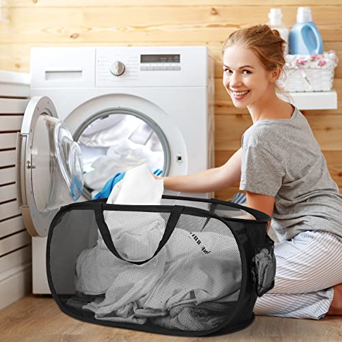 4 Pack Durable Collapsible Laundry Baskets, Mesh Foldable Laundry Basket, Pop Up Laundry Hamper with Pocket, Clothes Hamper with Reinforced Handles for Laundry, Bathroom, Kids Room, Dorm or Travel - color: 4 x Gray+Black+Navy+Green