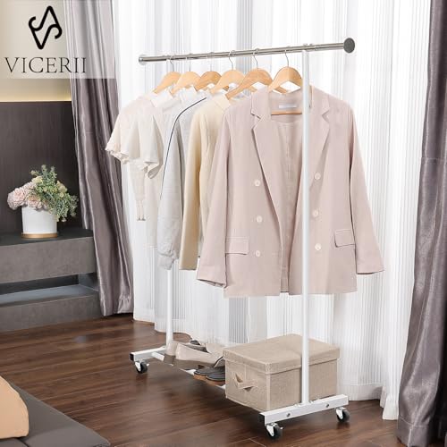 VICERII Clothes Rack, 130LB Capacity Heavy Duty Clothing Rack with Wheels and Bottom Shelf, 52.17 Inch Rolling Racks for Hanging Clothes, Coats, Shirts, Sweaters, Skirts, Dress, White - color: Matte White, size: Single