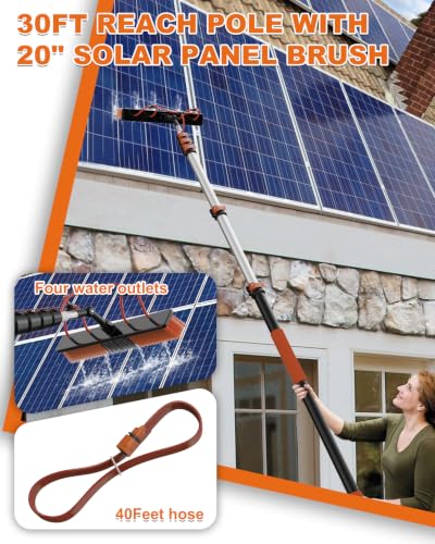 30Ft Reach Solar Panel Cleaning Brush Kit with 5-24ft Telescoping Pole, Water Fed Window Cleaner Tool with 20" Brush, Soap Dispenser, Cobweb Duster, Squeegee for Roof, RV, Gutter, Boat, Deck - color: Amber