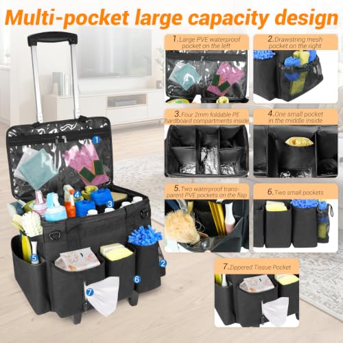 Large Cleaning Caddy Bag with Wheels,Cleaning Bags with Detachable Trolley,Cleaning Supplies Bag Built-in Hard Support Board,Waterproof,Multiple Storage Pockets for Housekeepers - size: 14.96*9.84*11.81inches;28.5L
