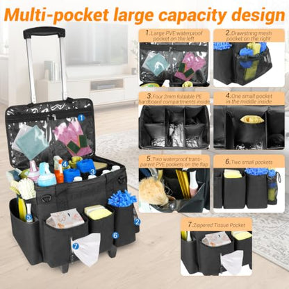 Large Cleaning Caddy Bag with Wheels,Cleaning Bags with Detachable Trolley,Cleaning Supplies Bag Built-in Hard Support Board,Waterproof,Multiple Storage Pockets for Housekeepers - size: 14.96*9.84*11.81inches;28.5L