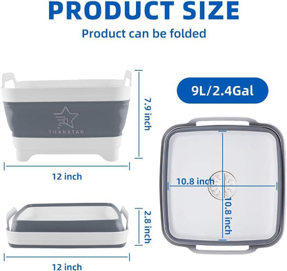 THANSTAR Collapsible Wash Basin, 9L/2.4Gal Foldable Sink with Drain Plug, 2-in-1 Dish Drying Rack & Storage Bucket, Portable Washing Bin for Kitchen/Camping/RV, BPA Free PP, Space-Saving Design, Gray