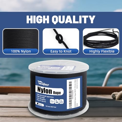 NEWSEED 500 Ft 1/8 Inch Nylon Rope Heavy Duty Utility Rope (Black) - size: 1/8 In x 500FT, style: Black