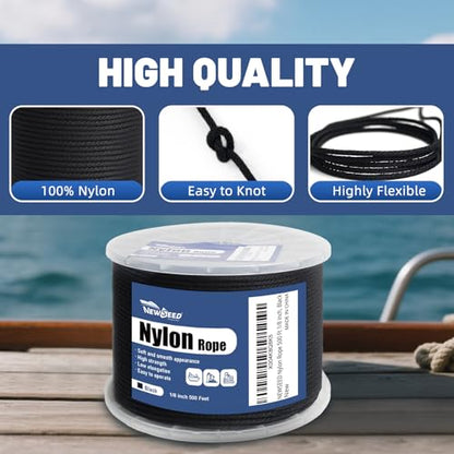NEWSEED 500 Ft 1/8 Inch Nylon Rope Heavy Duty Utility Rope (Black) - size: 1/8 In x 500FT, style: Black