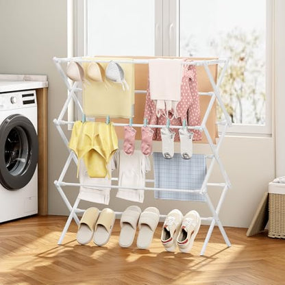 KINGBOARD 3-Tier Extendable Clothes Drying Rack, Small & Foldable, White - color: White