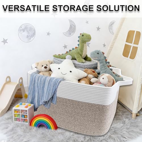 65L Laundry Basket with Handles, Woven Blanket Basket, White/Brown - color: White & Brown, size: 65L