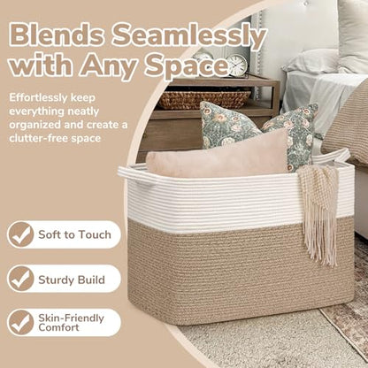 Goodpick 105L Extra Large Woven Rope Blanket Basket, White & Light Brown - color: White & Light Brown, size: XX-Large(25"L x 16"W x 16"H)