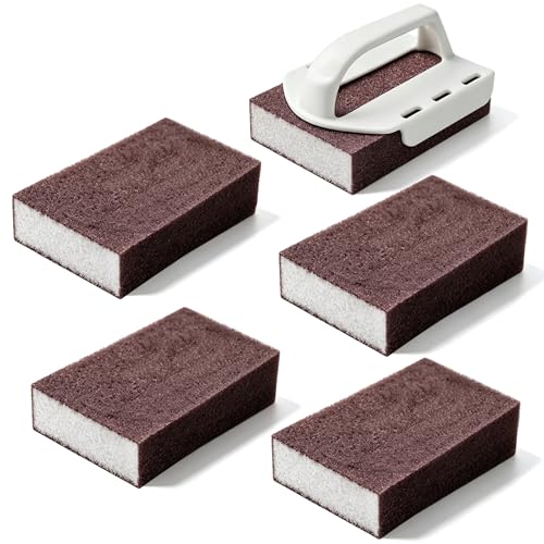 Sand Sponge Scrubber Magic Eraser,5 Pcs Heavy Duty Kitchen Cleaning Sponge Pads for Dishes with Handle, Pots, Pans & Stovetop, Deep Stain Remover Scouring Pad, Non-Scratch Multipurpose Scrubber