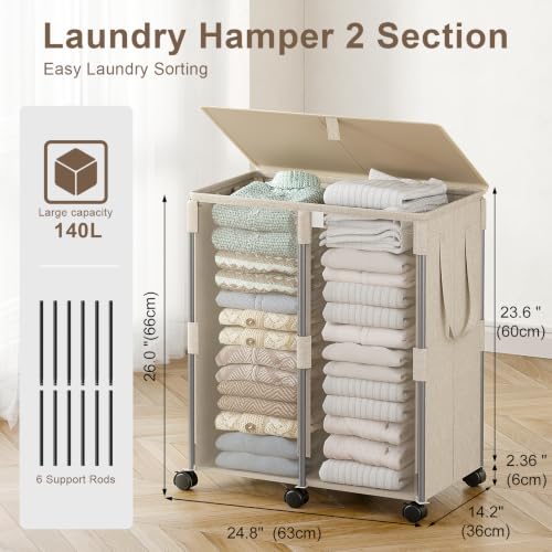 140L Double Laundry Hamper with Lid and 6 Wheels, Rolling Laundry Basket - color: Beige, size: 140l(24.8"l X 14.2"w X 26"h)